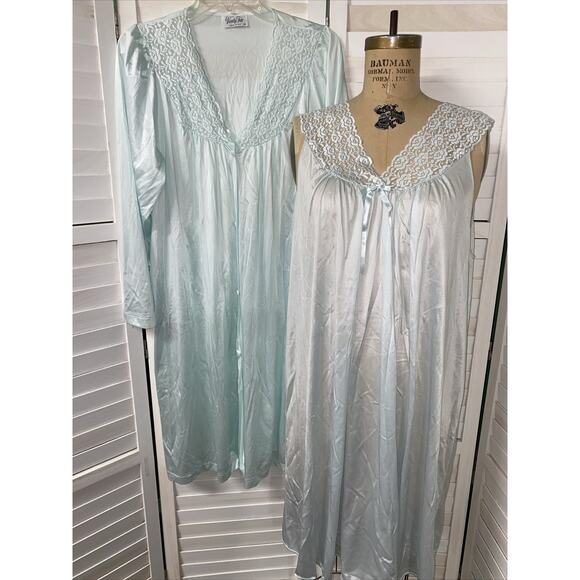Vanity Fair 60s 70s Vintage Green Nylon Lace Trim Robe Nightgown Set Sz Medium - Picture 1 of 14